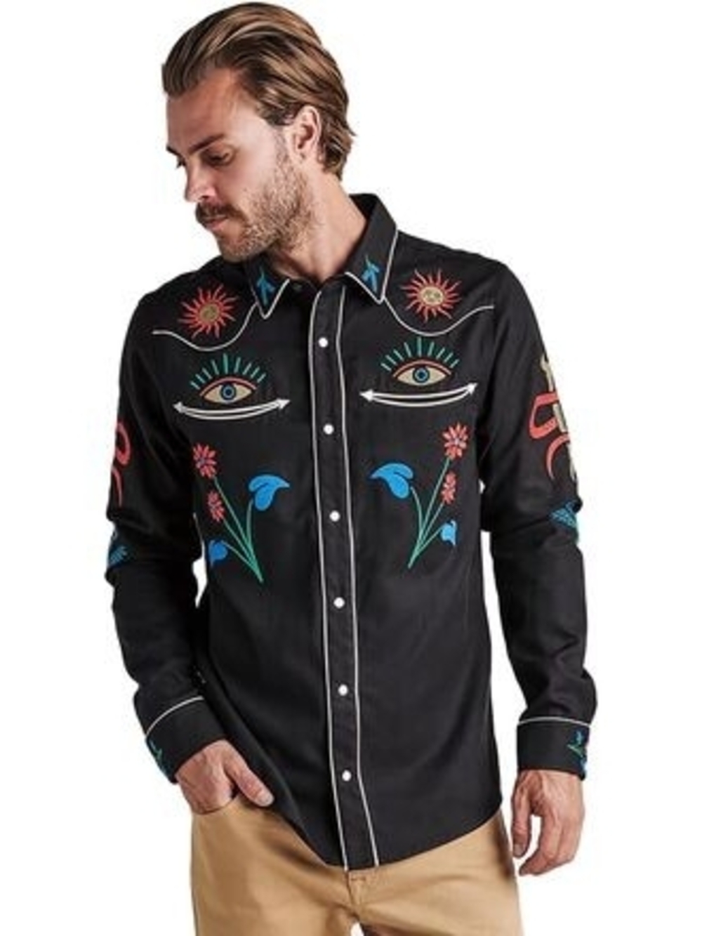 Roark Embroidered Black Western ShColorful Floral & Eye Motif L - Picture 2 of 8